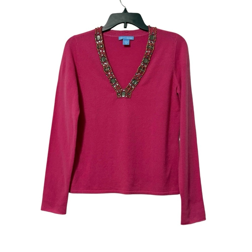 White + Warren Hot Pink Cashmere Sz Medium Jewel V Neck Sweater Barbie Colorful